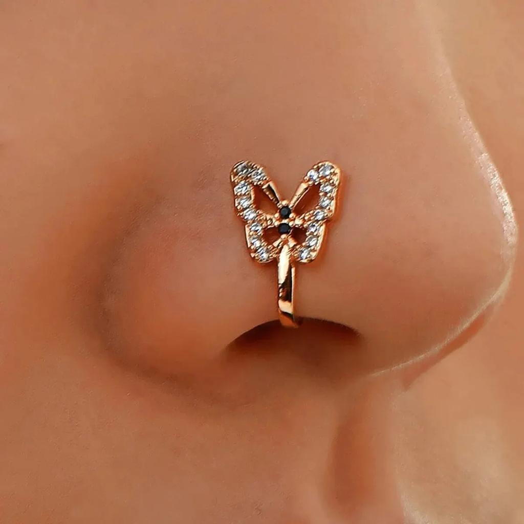 Hallowout Butterfly CZ Stone Non Perferated Nose Clip Gold Color