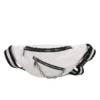 A white and black fanny pack with chains on it