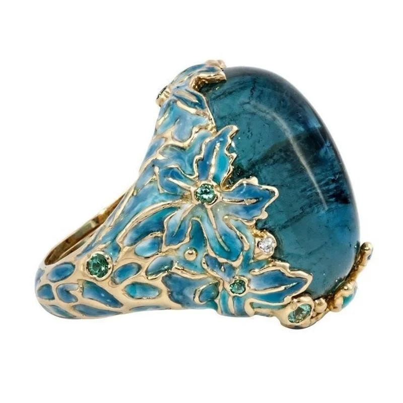 Elegant Gold Color Carving Enamel Flower Ring Inlaid Blue Stone
