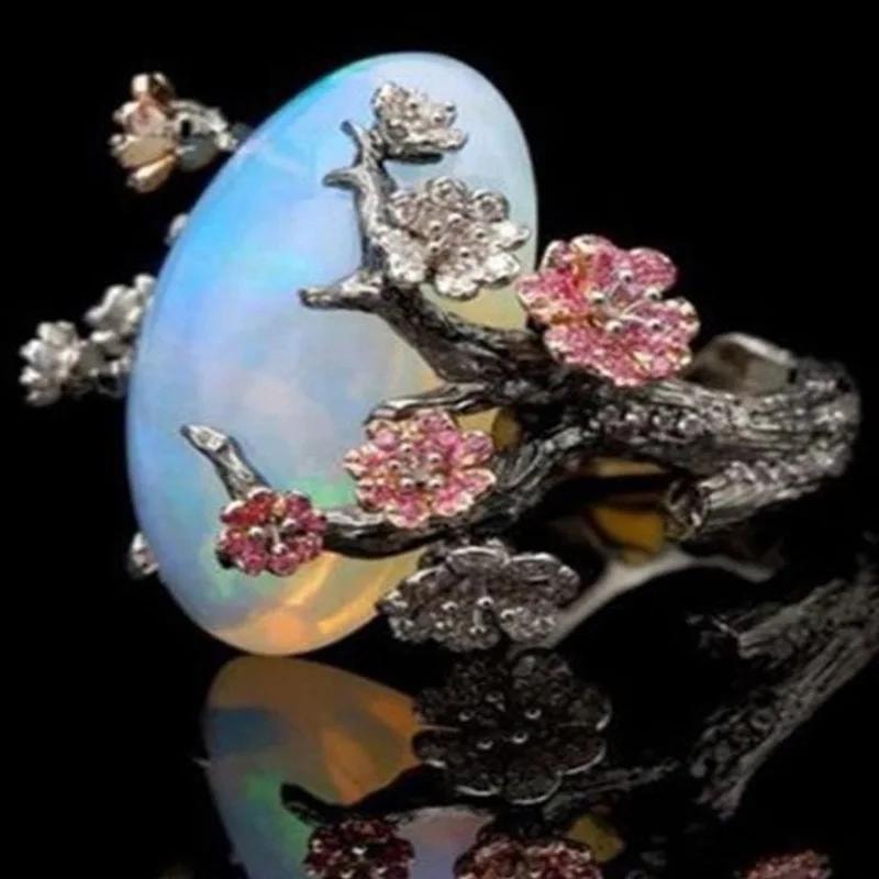Hot Sale Retro Creative Personality Flower Opal Ring Black Color Separation