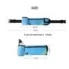 A blue and yellow waist bag with water bottle and size specifications